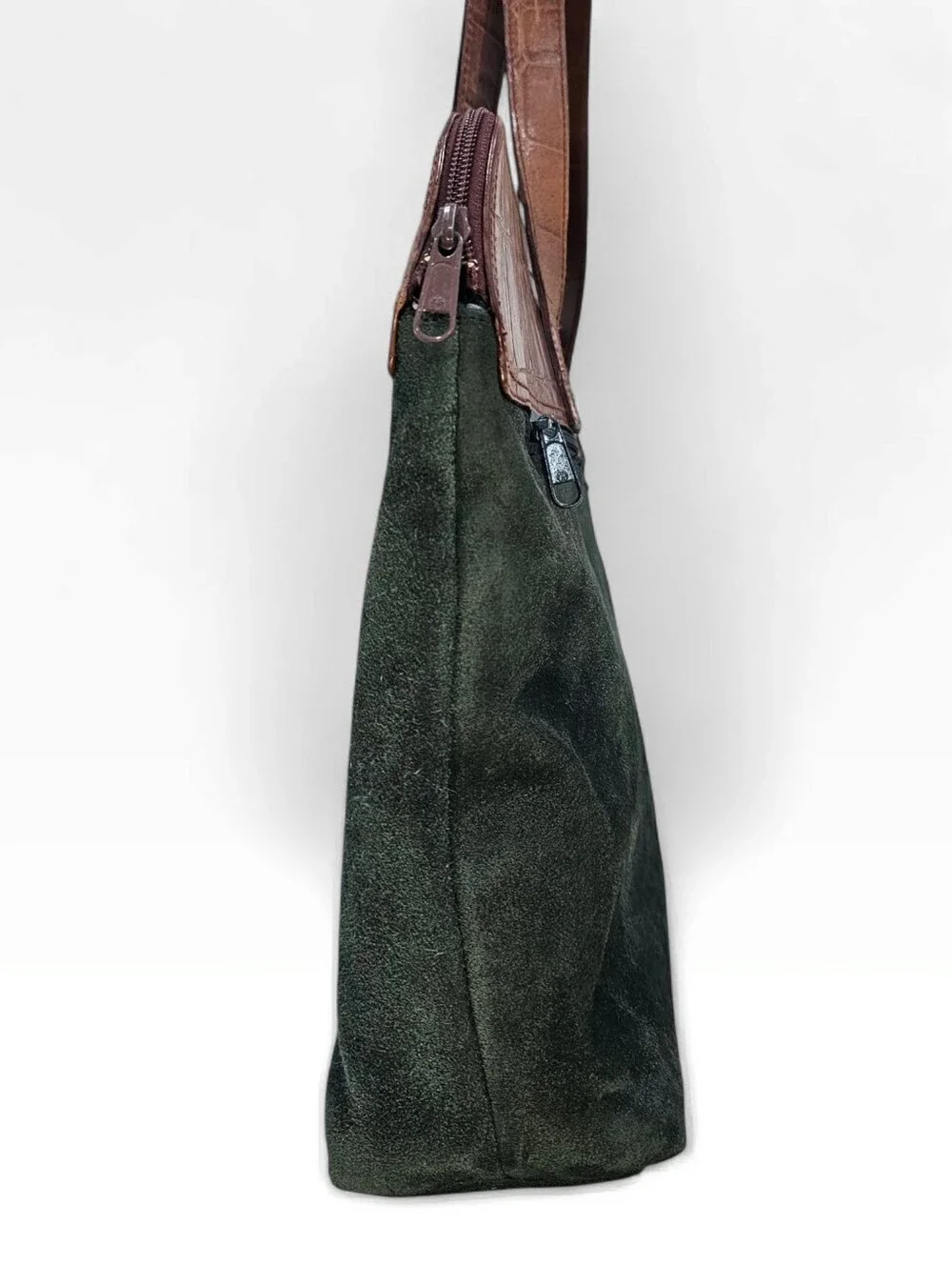 Vtg VALERIE STEVENS Green Suede Brown Croc Embossed Leather Zip Work Tote